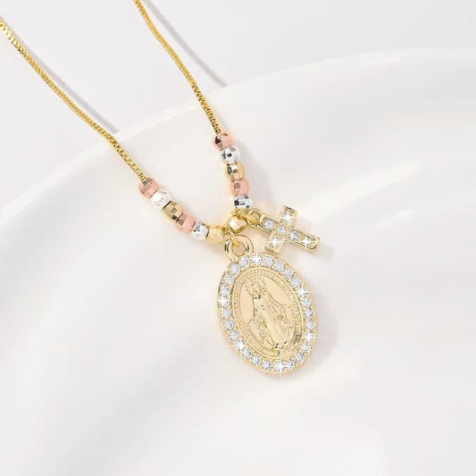 Colar Pingente Duplo Medalha Milagrosa Crucifixo Zircônias Santo Altar